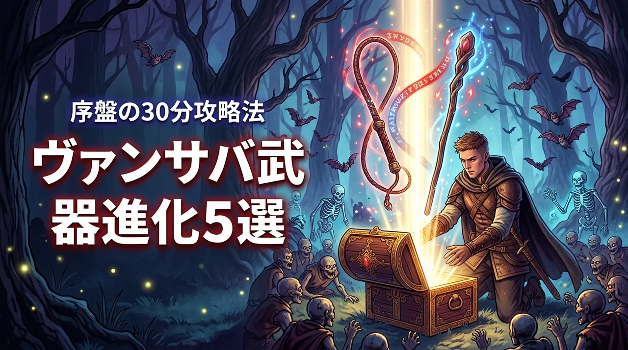 ヴァンサバの序盤で武器進化させるおすすめ5選！30分生き残るための攻略法（記事のアイキャッチ画像）